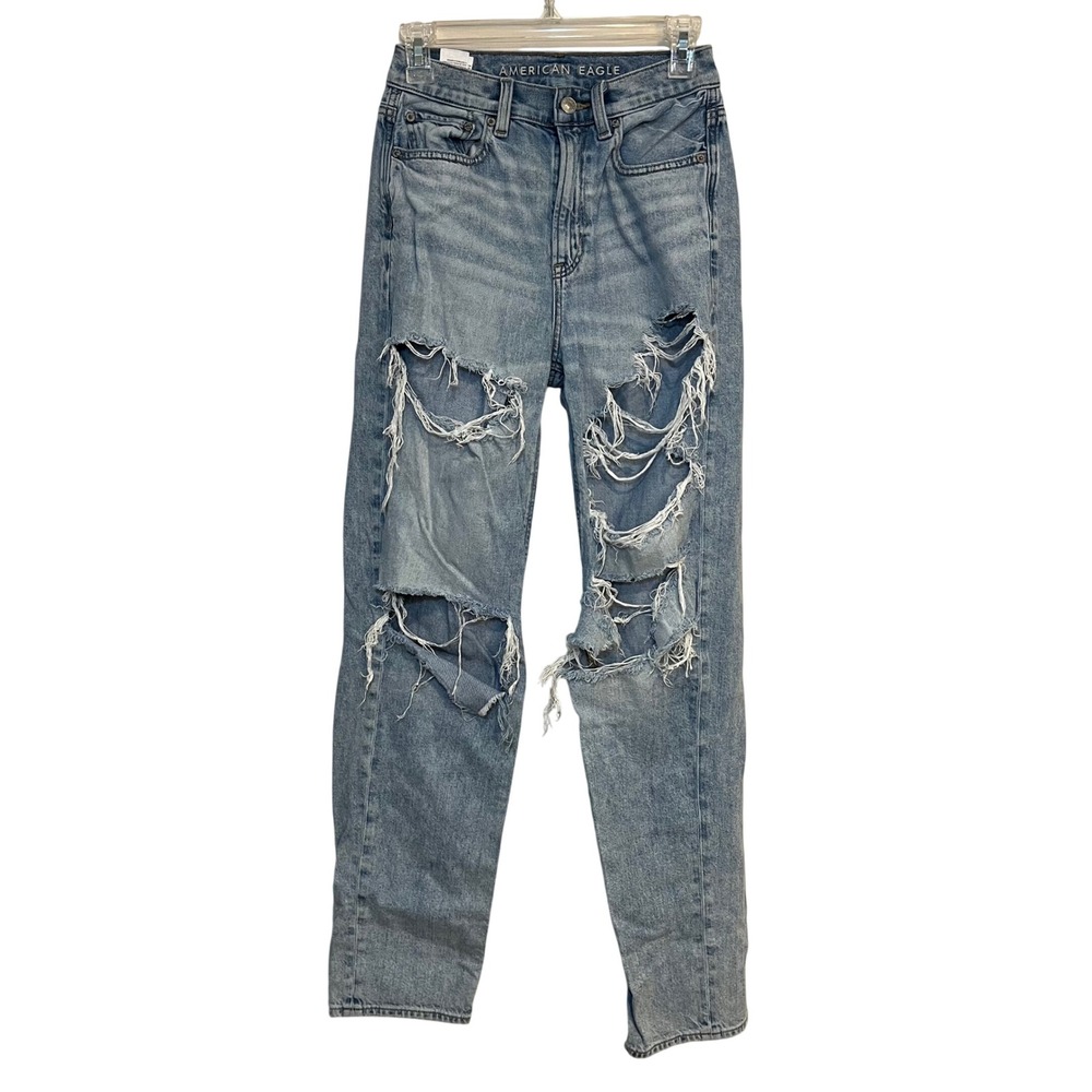 American Eagle Jeans High Rise Baggy Straight Distressed Light Wash 00 Grunge
